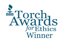 BBB Torch Winner logo: The cetificate name 'BBB torch awards for ethics winner' written in a stylized font alongside a vector graphic
