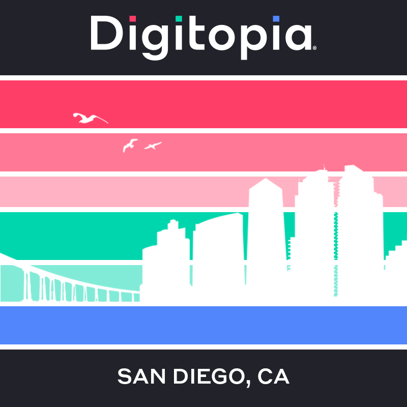 Graphic of a stylized San Diego sunset using the Digitopia brand colors.